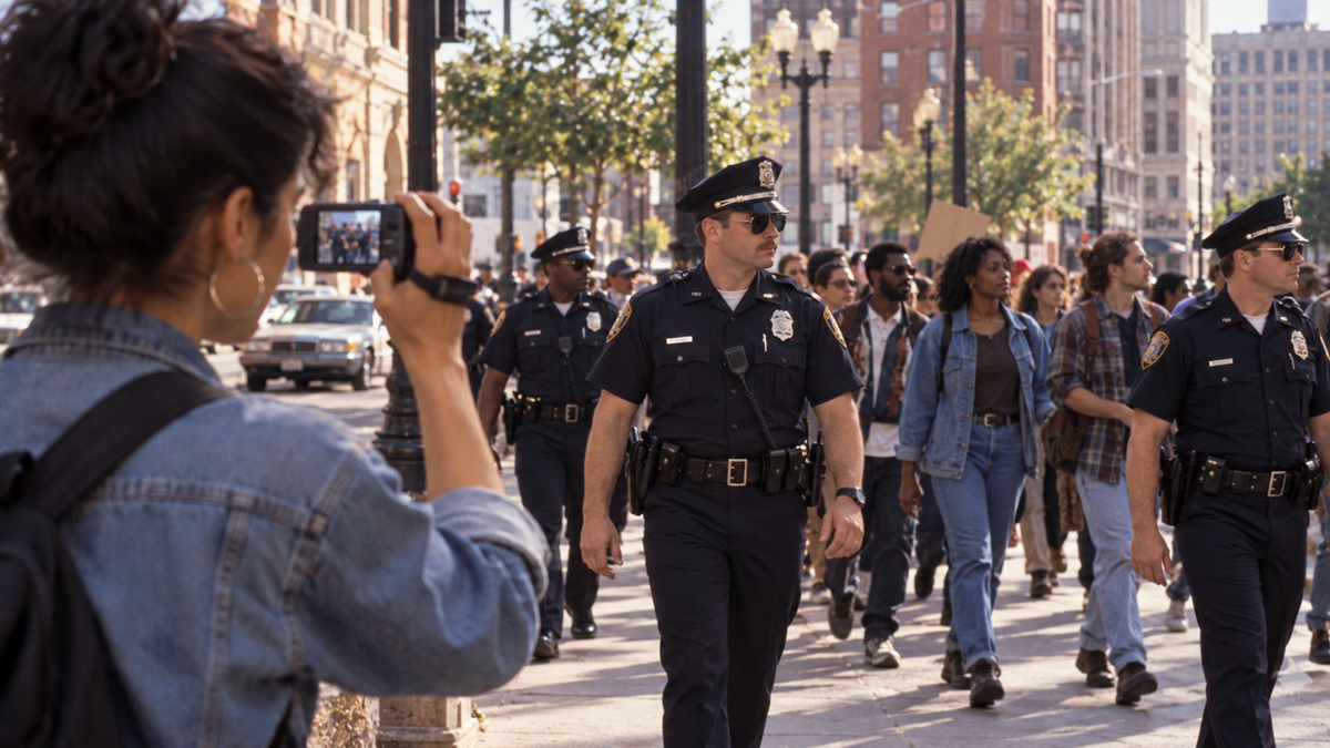 A person in the foreground records a group of police officers walking alongside protesters on a city street.