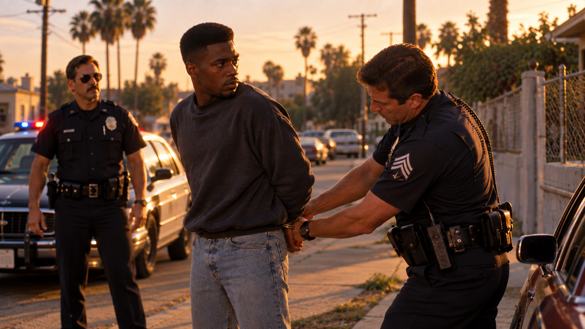 A police officer handcuffs a man on a residential street as another officer stands guard by a patrol car.