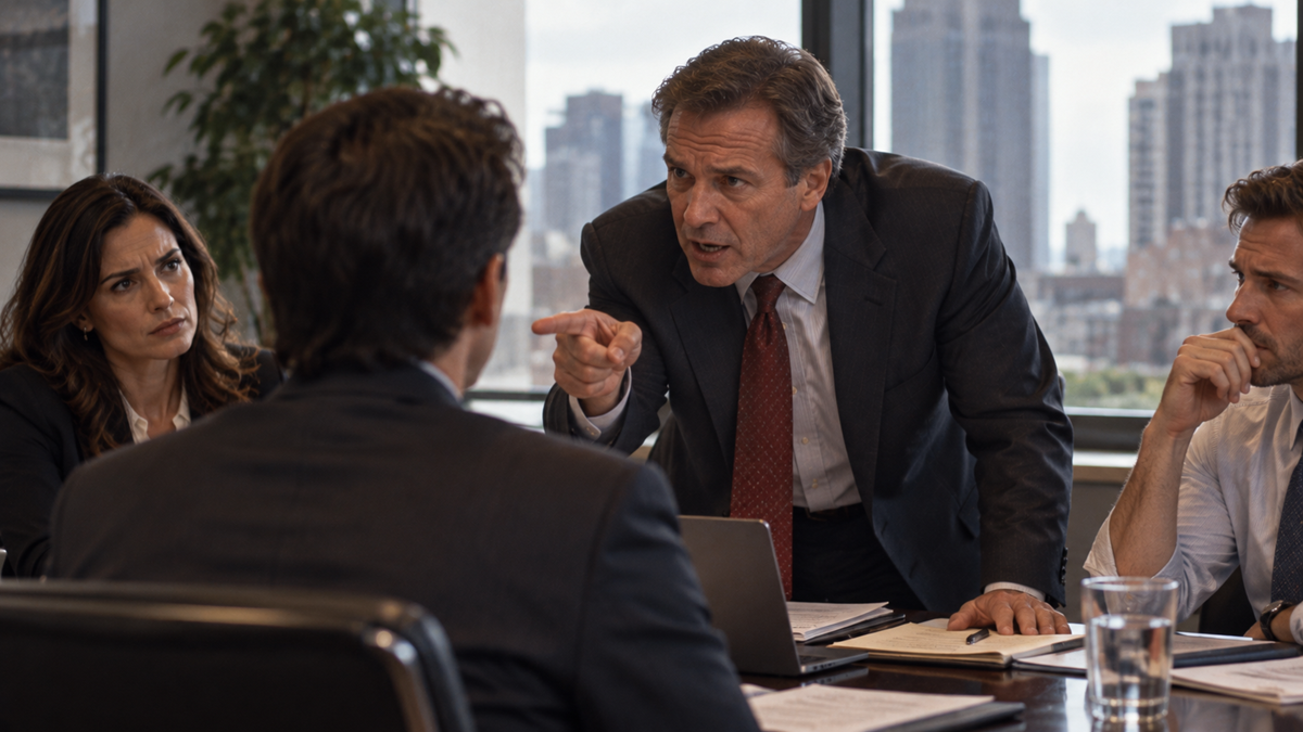 A man in a suit leans over a conference table, pointing aggressively at a colleague during a tense office meeting.