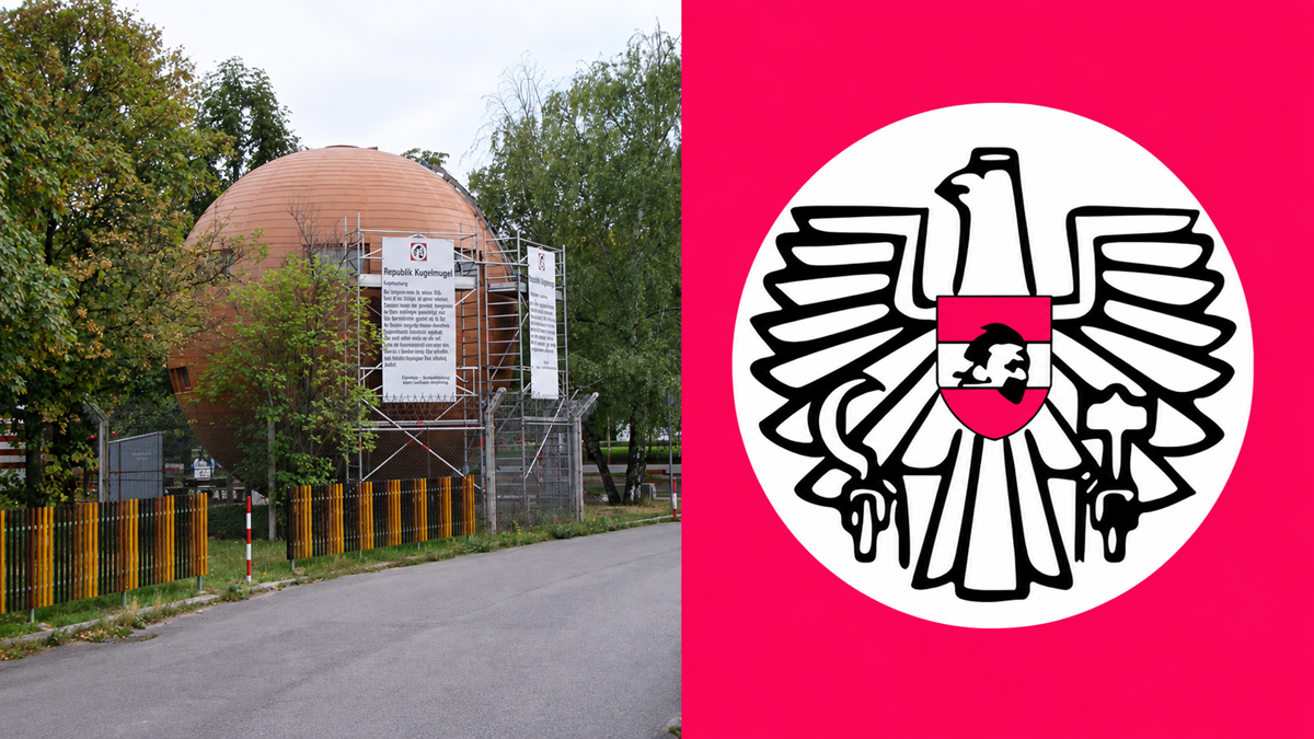 A large wooden sphere under construction is on the left, surrounded by trees and signs. On the right is a bold black and white heraldic eagle emblem with a red background and shield.