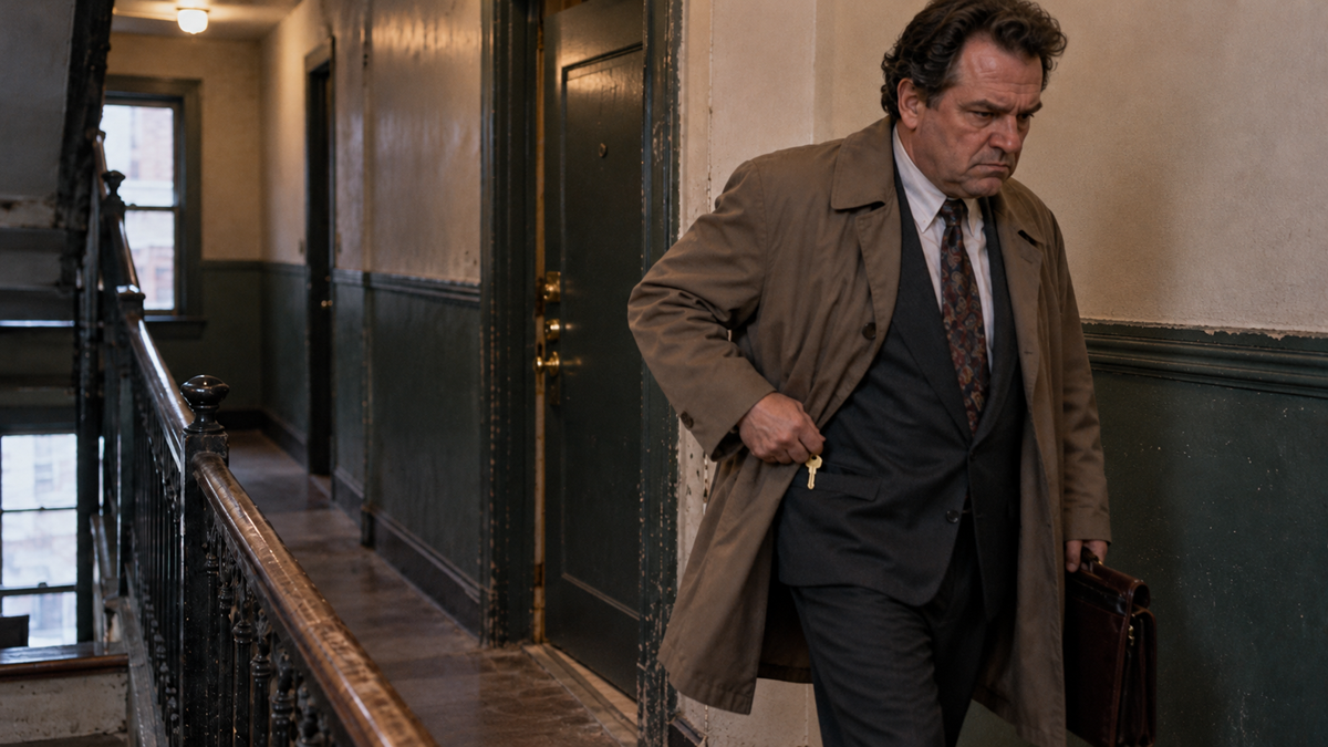 A man in a suit and trench coat holds a key and a briefcase while standing in an apartment building hallway.