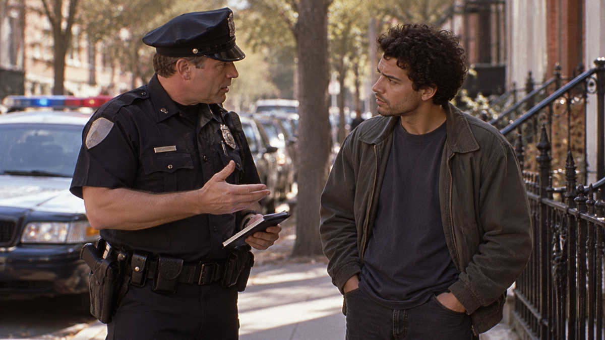 A police officer speaks to a man on a city sidewalk.