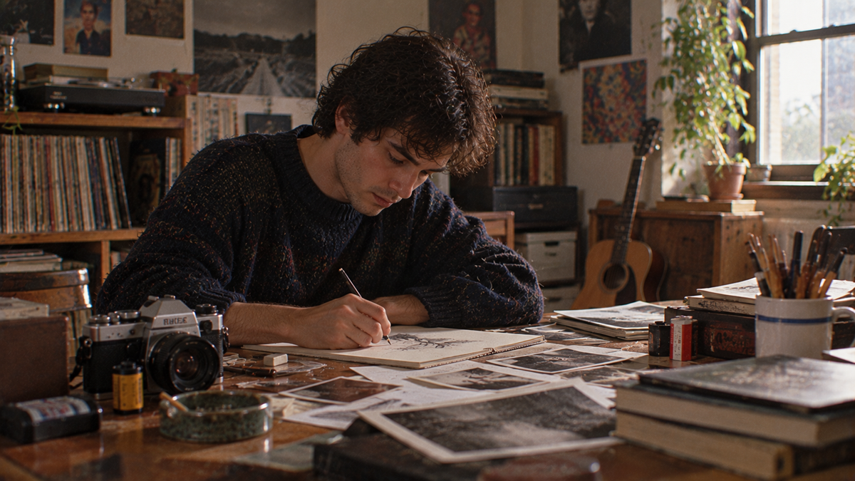 A young man sits at a desk cluttered with vintage photographs, a camera, and books, drawing in a sketchbook.