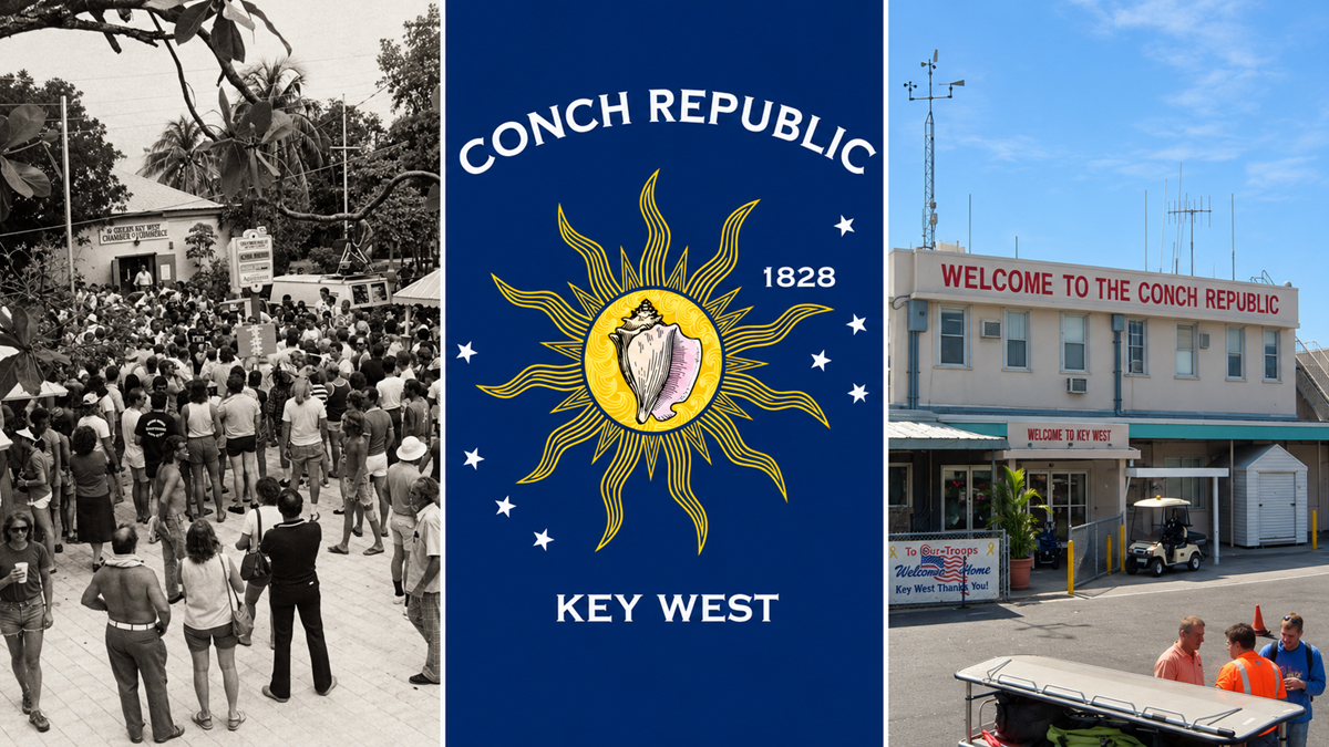 Collage: a black and white crowd scene, the Conch Republic flag with a sun and conch shell, and a modern building with a “Welcome to the Conch Republic” sign in Key West, Florida.