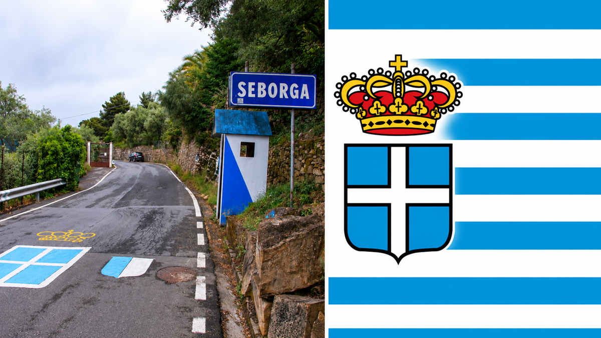 A road with a Seborga sign and border booth on the left; on the right, the Seborga flag with blue stripes, a white cross, and a crowned shield.