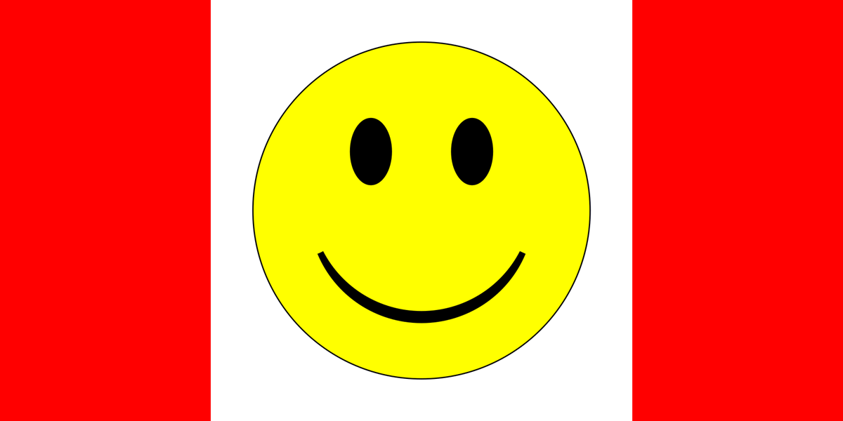 The image shows a Canadian flag with a large yellow smiley face in place of the usual red maple leaf in the center.