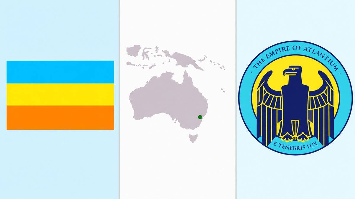 A flag with blue, yellow, and orange stripes, a map of Australia with a green dot, and a circular emblem with an eagle and the text “The Empire of Atlantium—E Tenebris Lux.”