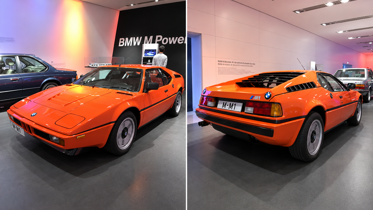Front and rear views of an orange BMW M1 sports car on display in a museum.