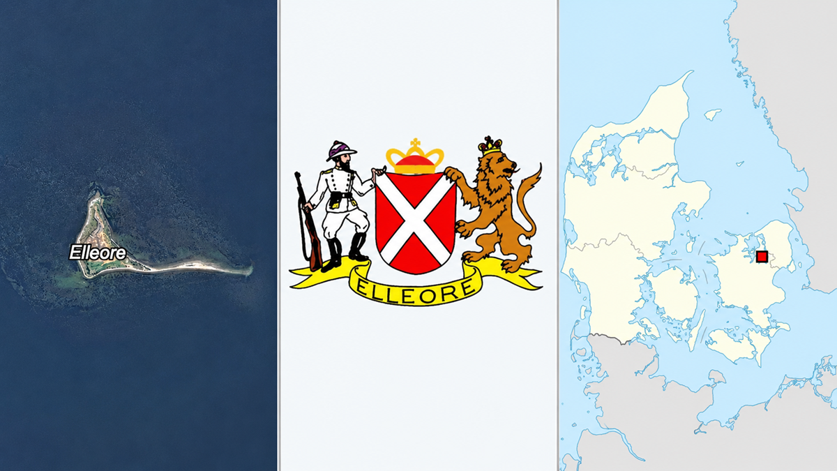 A triptych showing: an aerial view of Elleore island, the Elleore coat of arms with a lion and man, and a map highlighting Elleore’s location near Denmark.