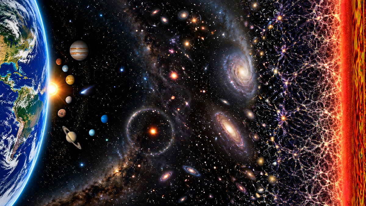 A panoramic view of the universe, starting from the Earth and solar system on the left, transitioning through deep space with galaxies and stars, to the cosmic web at the edge of the observable universe on the right.