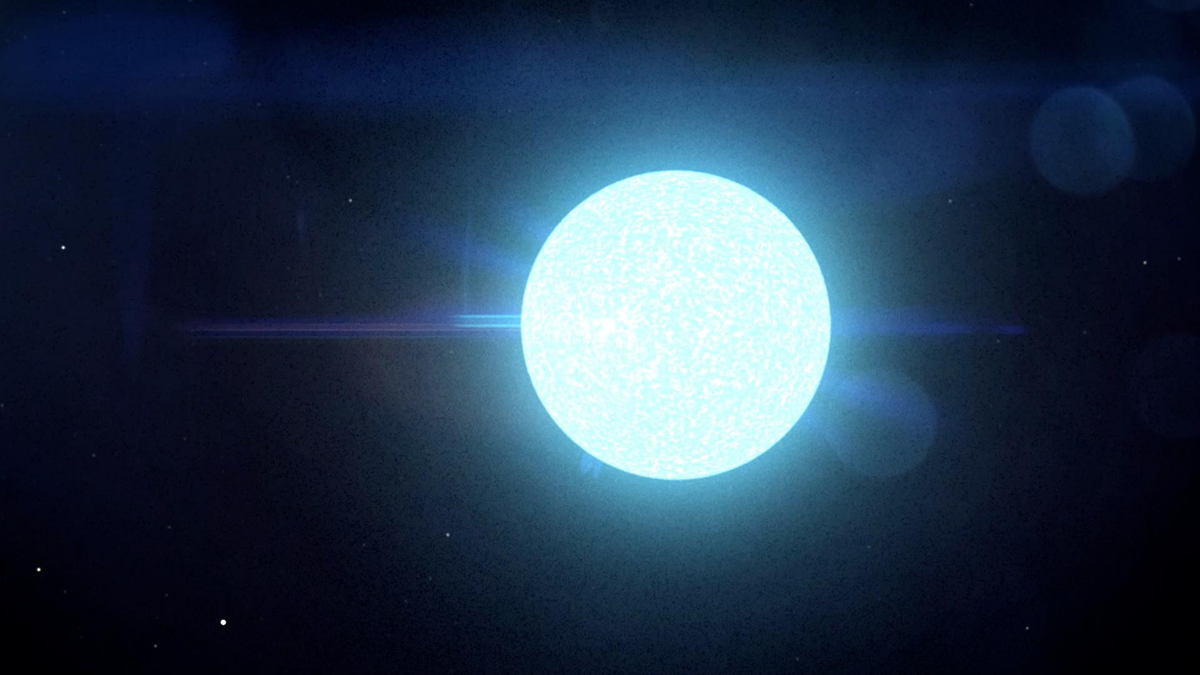 A bright, glowing blue star centered against a dark space background.