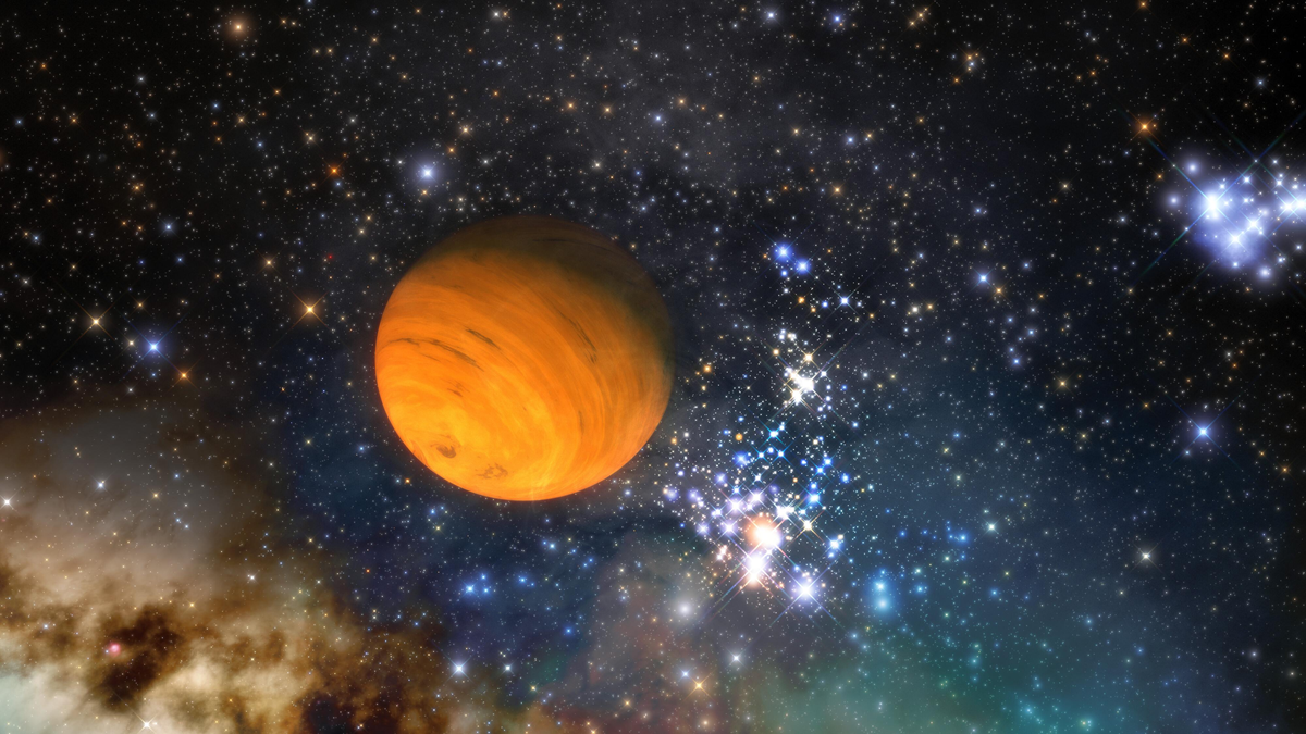 An orange, swirling planet floats in a vast starfield beside a dense, glowing cluster of bright blue and white stars.