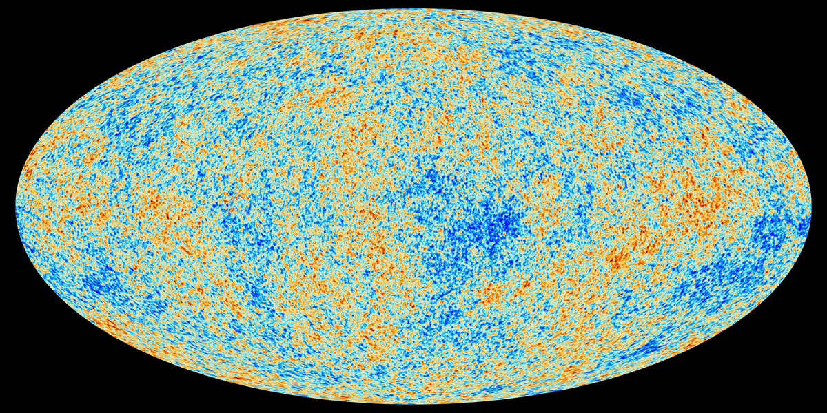 An elliptical map of the cosmic microwave background radiation, showing small temperature fluctuations in orange and blue across the entire sky.
