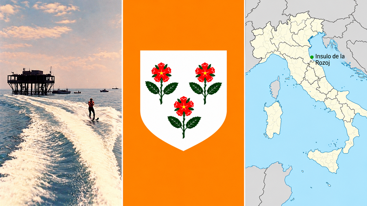 A collage showing a person water skiing, an orange flag with three red flowers, and a map of Italy highlighting a location in the Adriatic Sea.