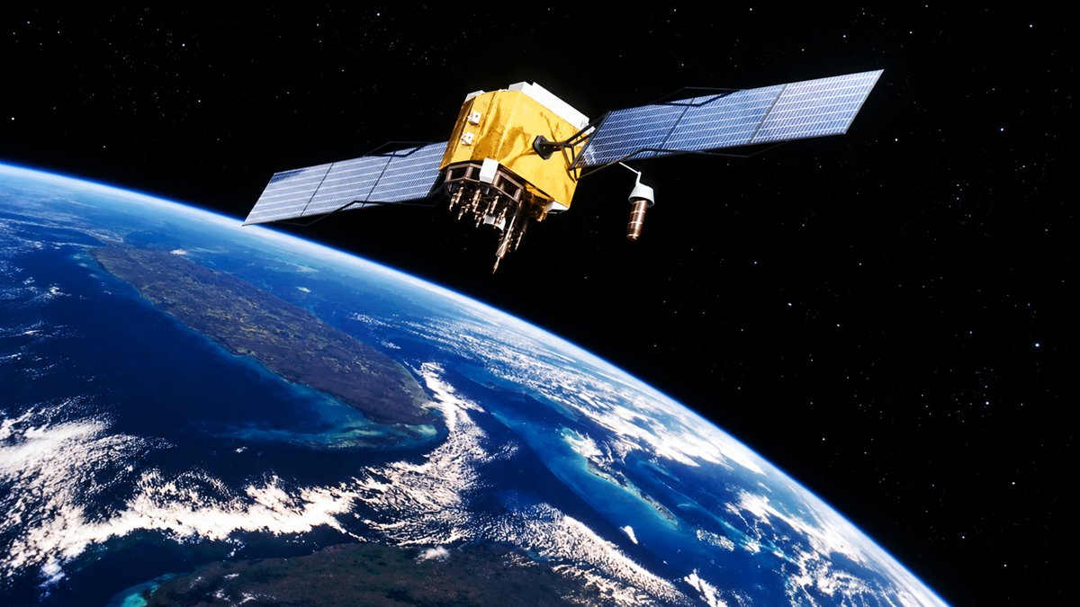 A satellite with extended solar panels orbiting above Earth.