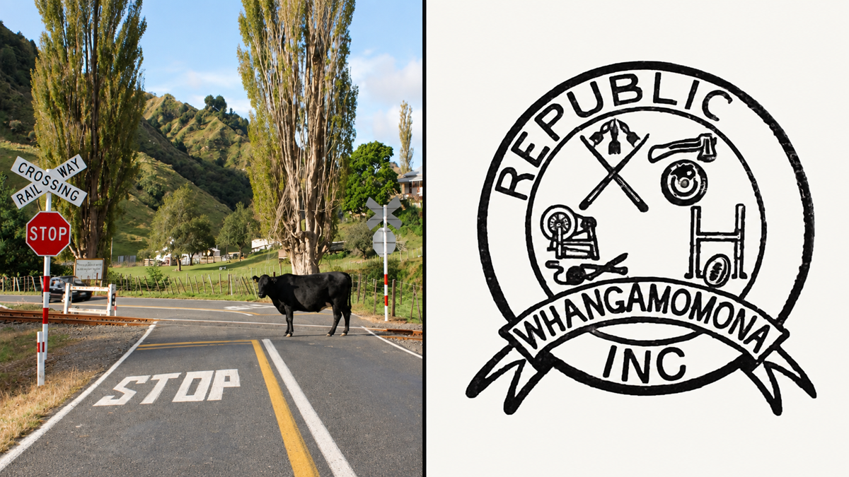 A black cow stands on a rural road by a railway crossing; next to it is the black and white seal of the Republic of Whangamomona featuring farming tools and vehicles.
