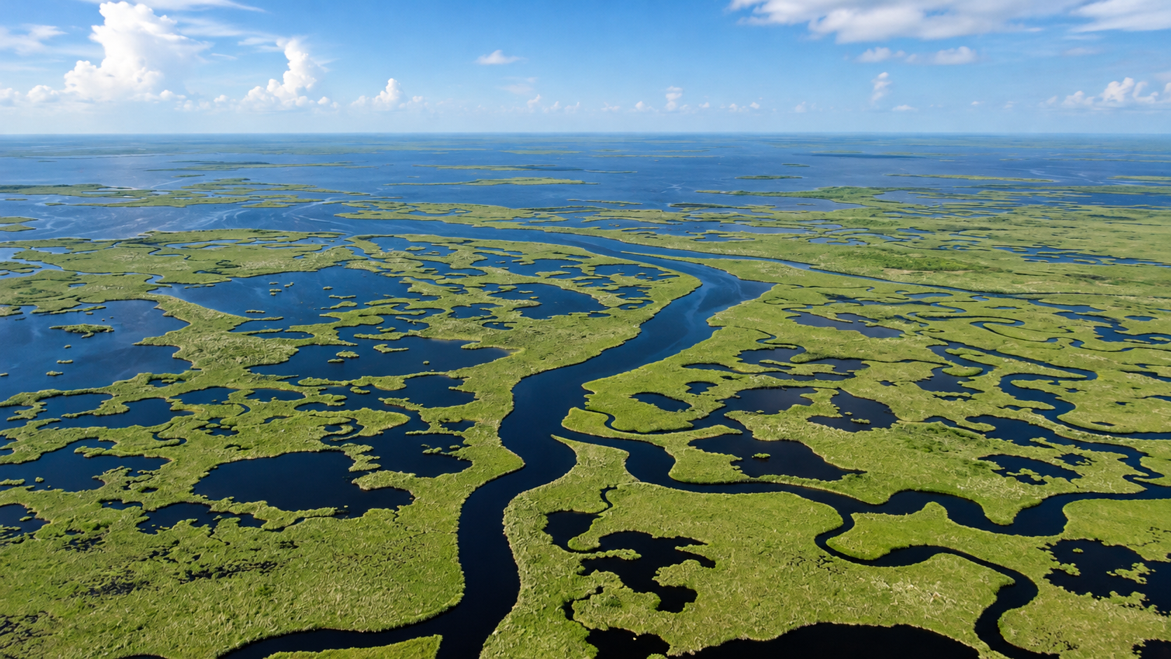 Aerial view of a sprawling marshland with winding dark blue waterways cutting through patches of vibrant green vegetation.