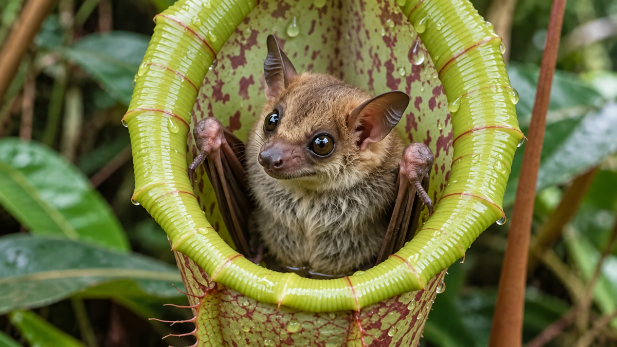 A small bat with big eyes sits inside a green pitcher plant, surrounded by jungle foliage and droplets of water.