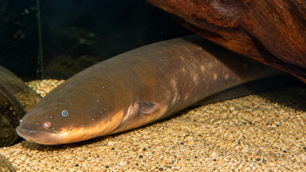 An electric eel resting on a sandy aquarium floor beneath a piece of driftwood.