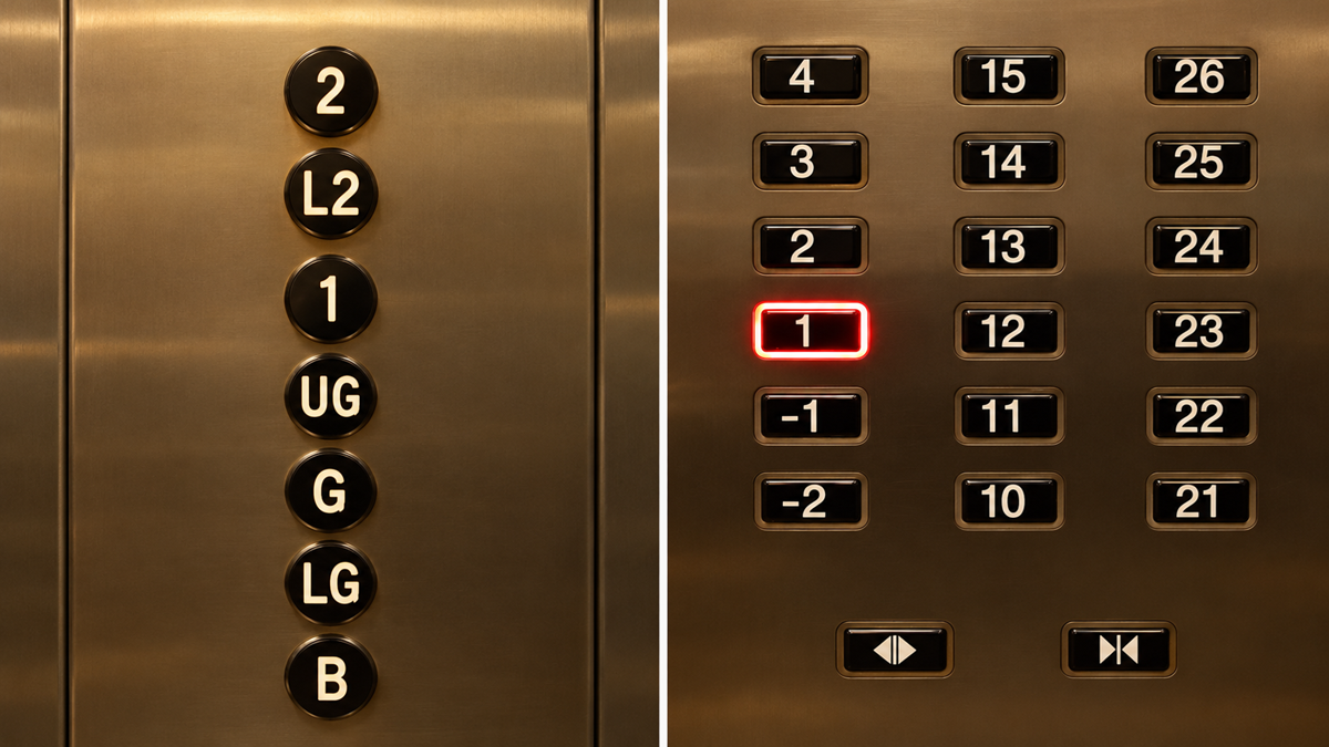 Elevator control panels showing a vertical column of buttons for floors 2, L2, 1, UG, G, LG, and B, and a grid of numbered floor buttons with the number 1 button illuminated.
