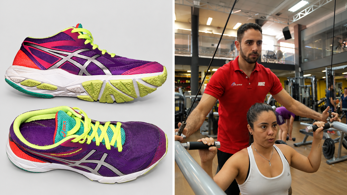 A pair of purple and lime green running shoes next to a personal trainer helping a woman perform a lat pulldown exercise in a gym.