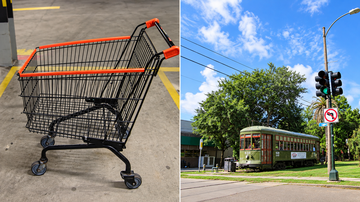 A shopping cart in a parking lot next to an image of a green streetcar on tracks near a traffic light.