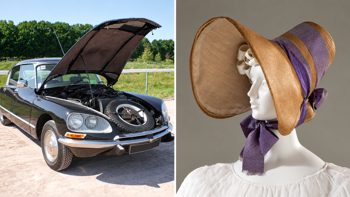 A black vintage Citroën DS car with its hood open, positioned next to a side view of a white mannequin wearing a large 19th-century straw and purple fabric bonnet.