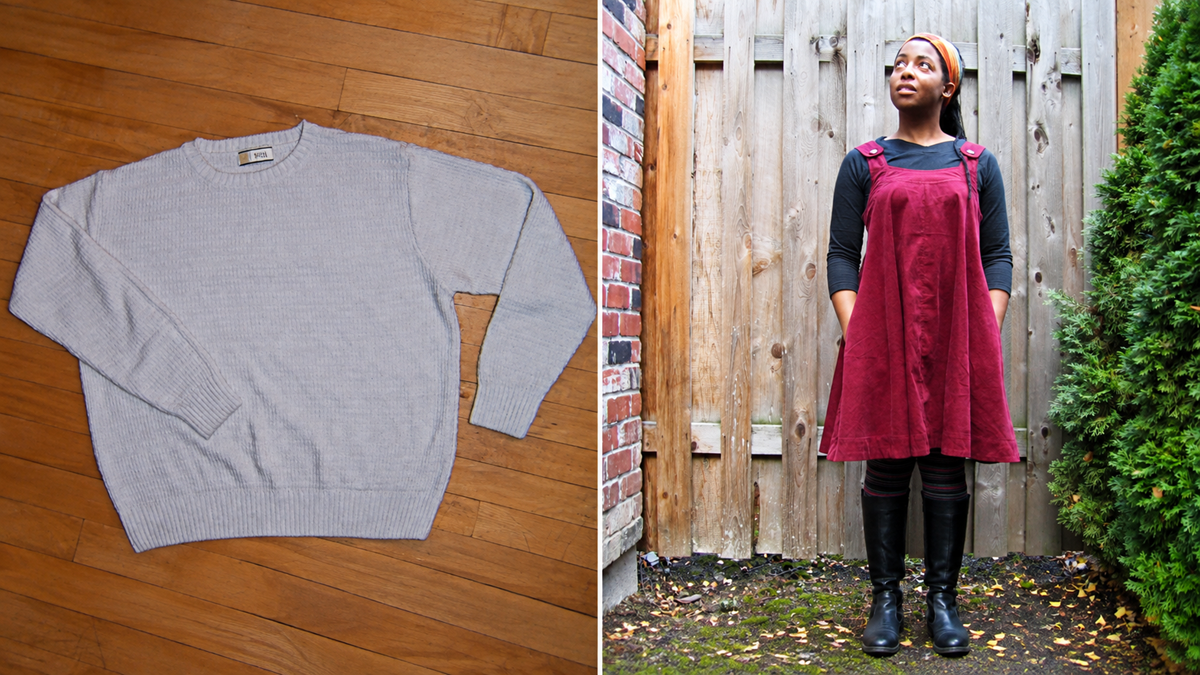 A light gray knit sweater next to a person wearing a maroon jumper over a black long-sleeve shirt and black boots.