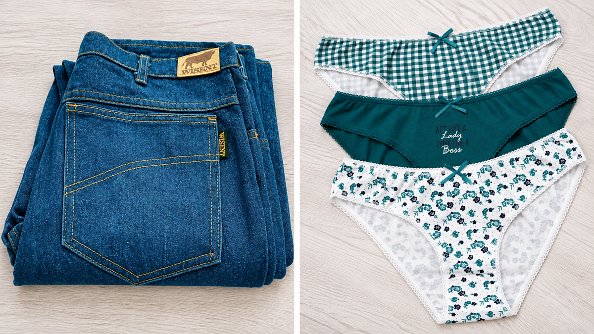 Folded blue jeans with a Wisent brand patch on the waistband, next to three pairs of women’s briefs in green and white floral and gingham patterns.