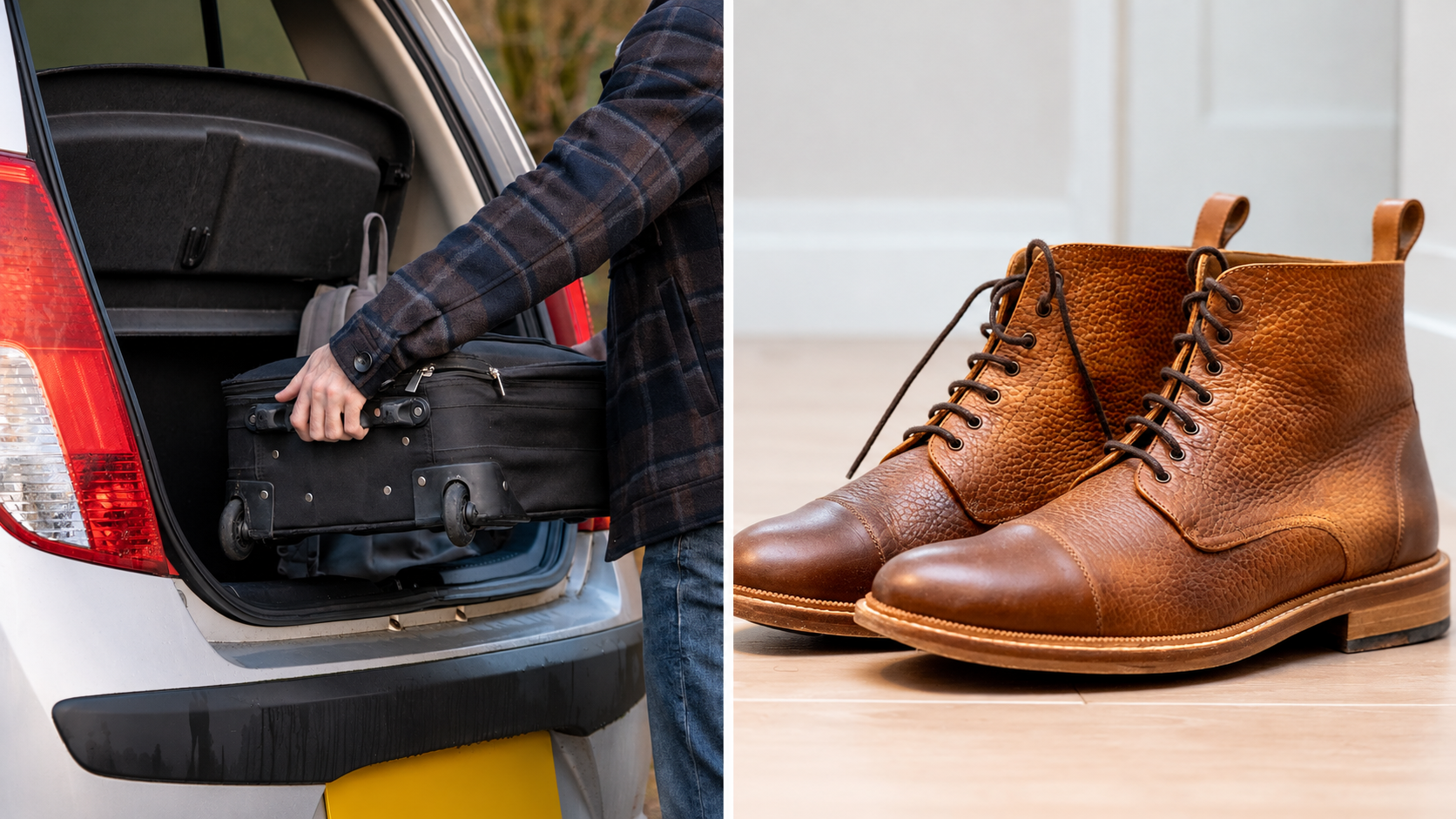 A person placing a black rolling suitcase into the trunk of a car next to a pair of brown leather lace-up boots.