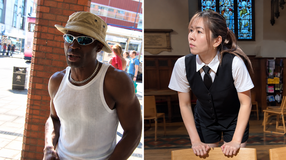 Split image showing a man in a bucket hat and tank top on the left, and a woman in a uniform vest and tie leaning on a chair in a church on the right.