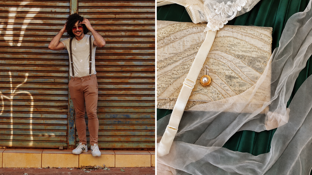 A split image showing a man in suspenders and sunglasses standing before a metal shutter, and a close-up of a gold patterned clutch bag with lace and tulle.