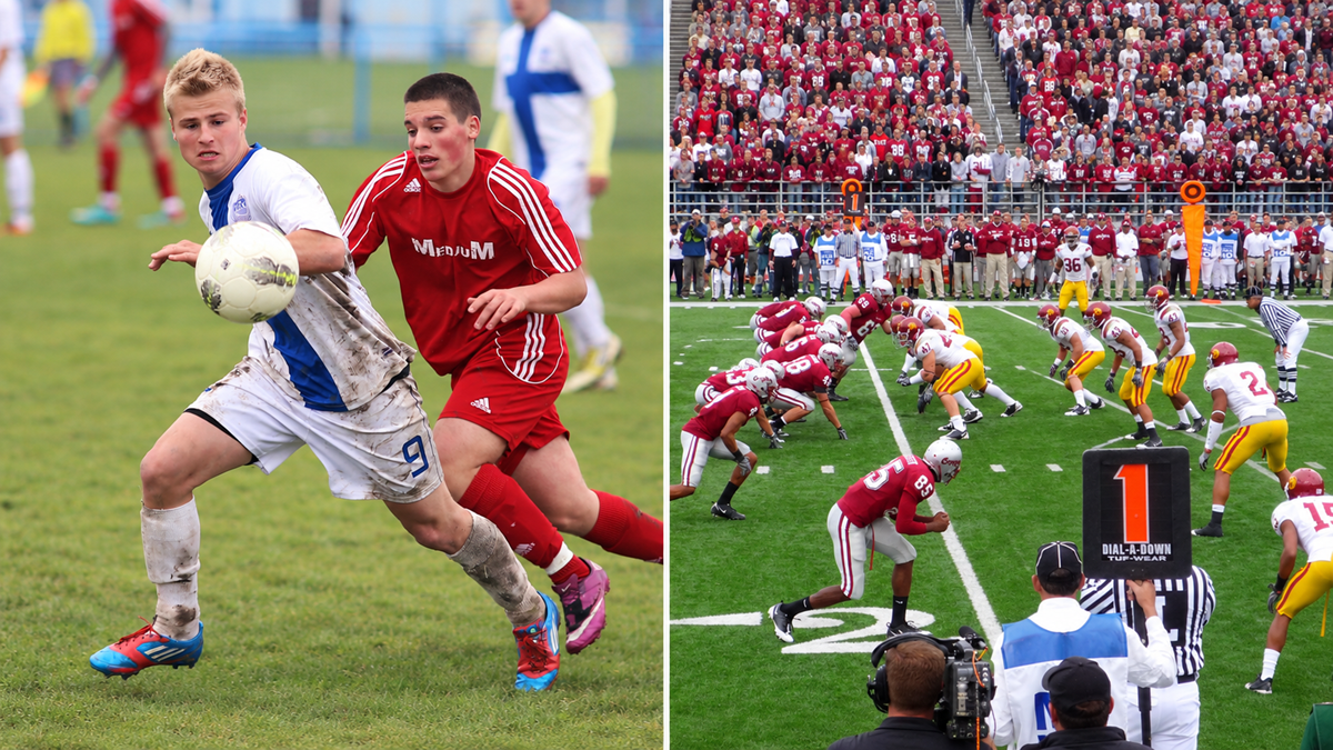 A side-by-side comparison showing a soccer player dribbling a ball on the left and an American football team lining up for a play on the right.