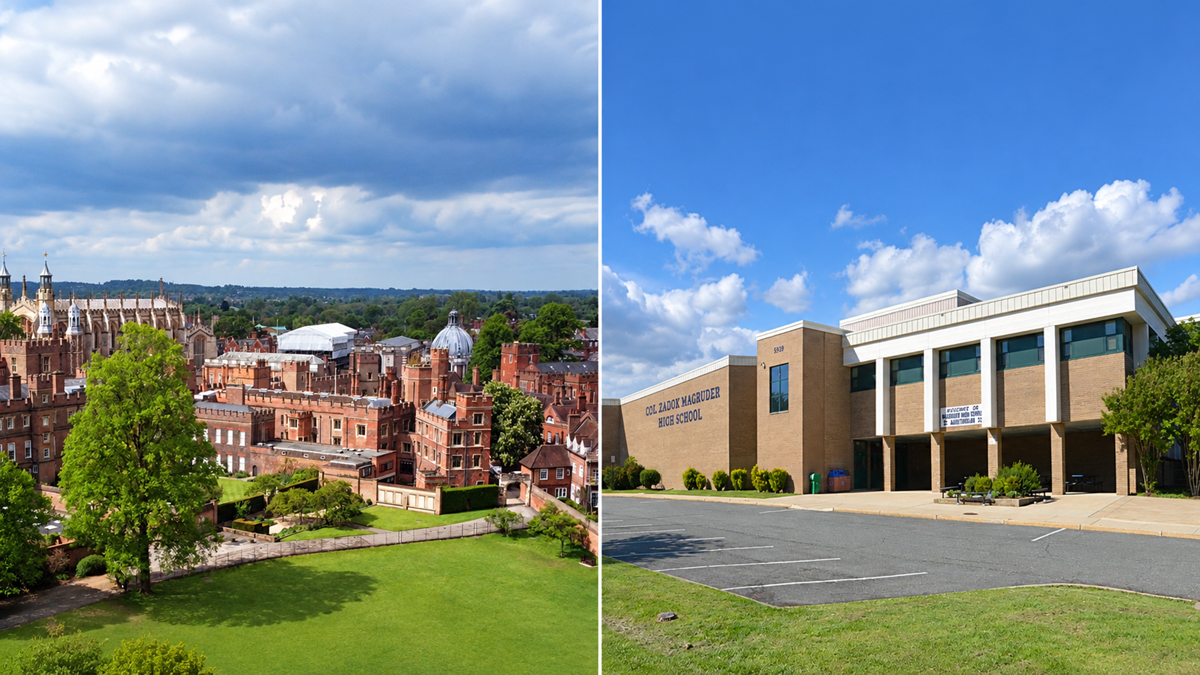 A split image showing the historic red-brick buildings of Eton College on the left and the modern brick exterior of Col. Zadok Magruder High School on the right.