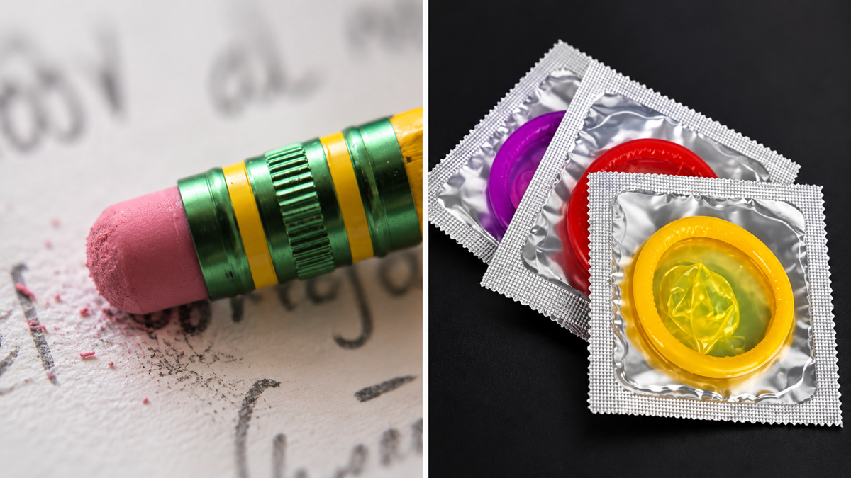 A pencil eraser rubbing away pencil marks next to three colorful condom wrappers.