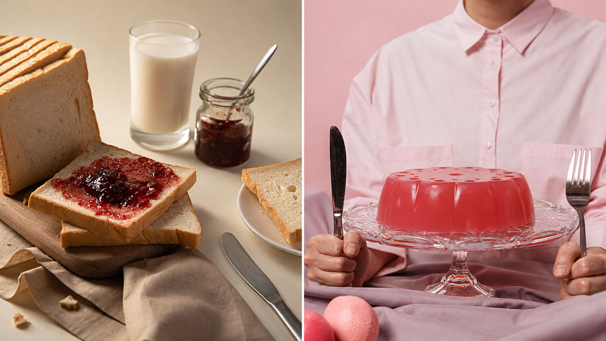 A split image showing slices of bread with jam and milk on the left, and a person holding a knife and fork while sitting before a pink gelatin mold on a glass pedestal on the right.