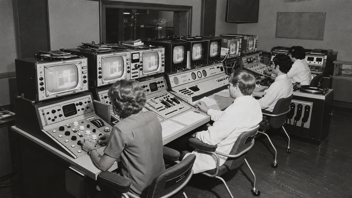 Three people sit at a row of control consoles in a television studio, monitoring broadcast equipment and small screens.