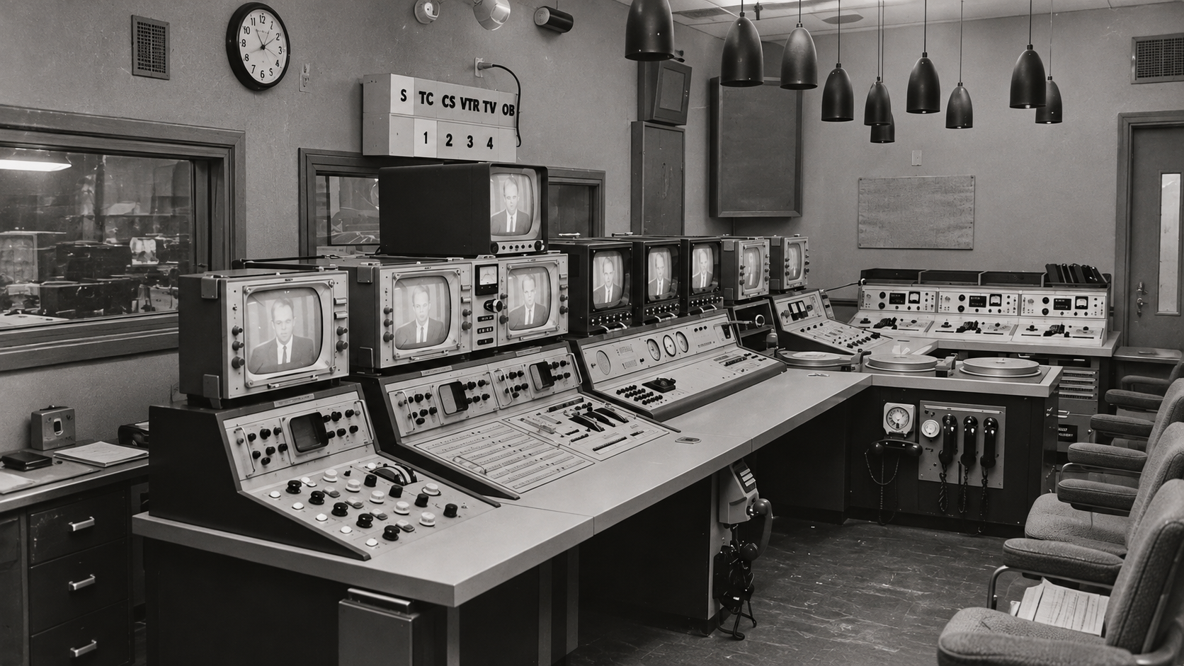 A 1960s television control room with multiple monitors displaying a man’s face, mixing consoles, and analog tape machines.