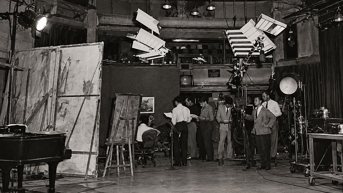 A group of men stand and talk in a television studio filled with lighting equipment, a piano, and an easel.