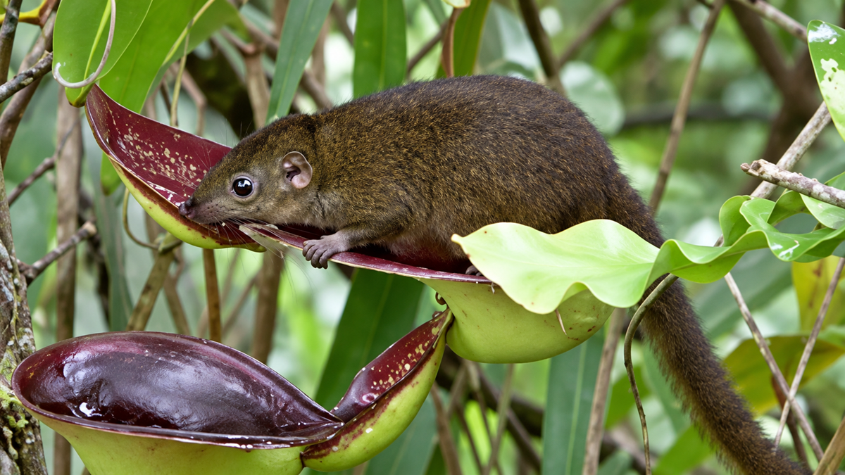 A brown tree shrew stands on the edge of a pitcher plant in a green, leafy jungle setting, with its nose close to the plant’s rim.