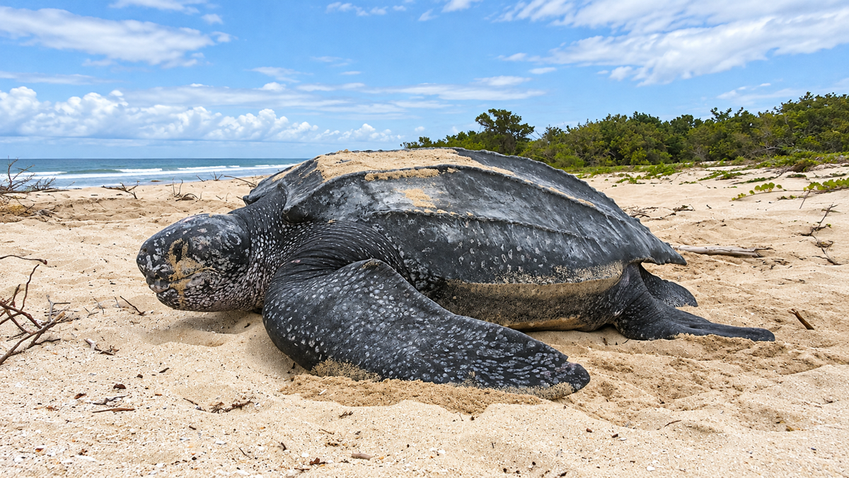 A large leatherback sea turtle rests on a sandy beach near the ocean.