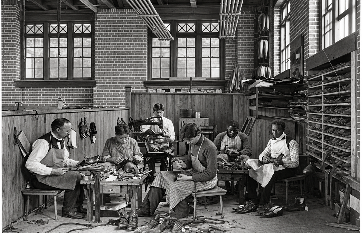Five shoemakers work at benches in a workshop, stitching and shaping leather footwear.