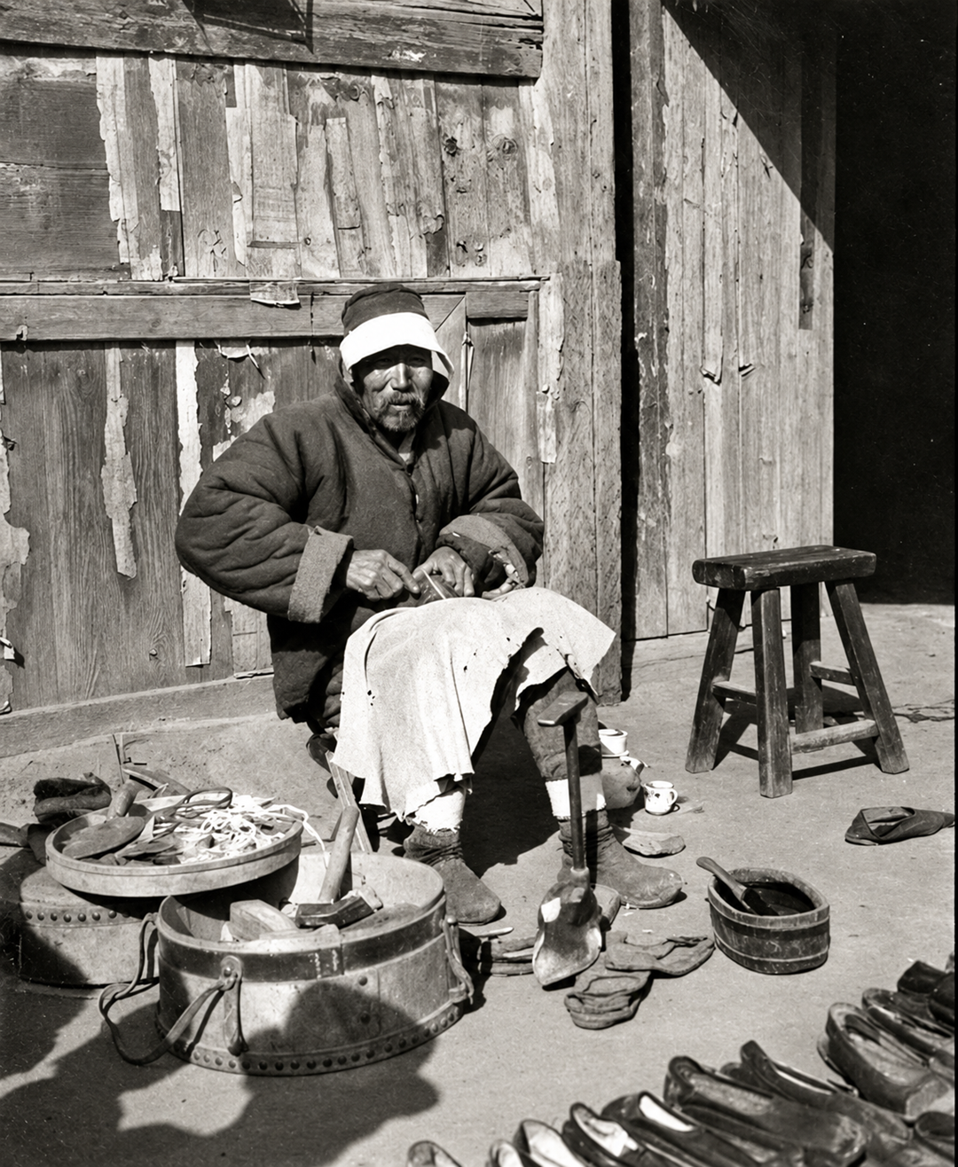 A cobbler sits on a low stool in front of a wooden building, repairing a shoe, with various tools, containers, and finished shoes arranged around him on the ground.