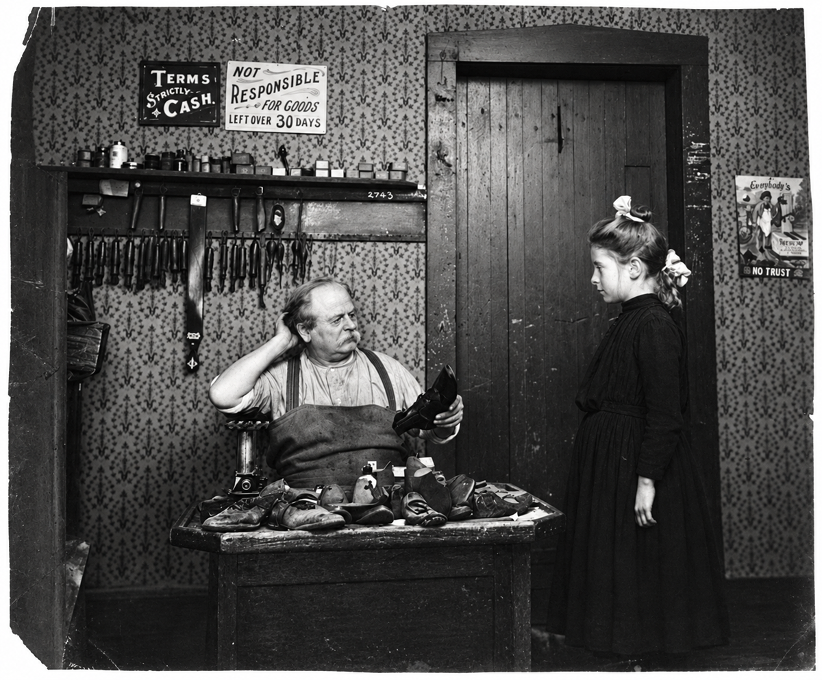 A shoemaker in a workshop showing a shoe to a young girl standing across from his workbench.