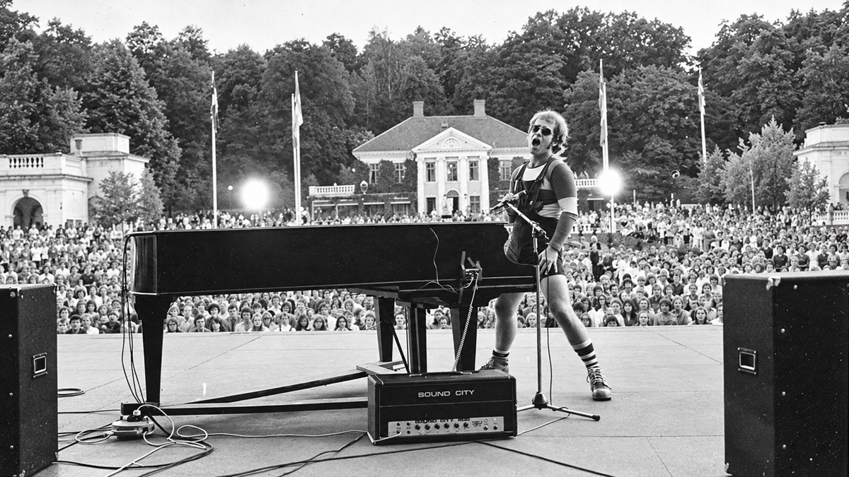 Elton John performing at a piano on an outdoor stage before a large audience.