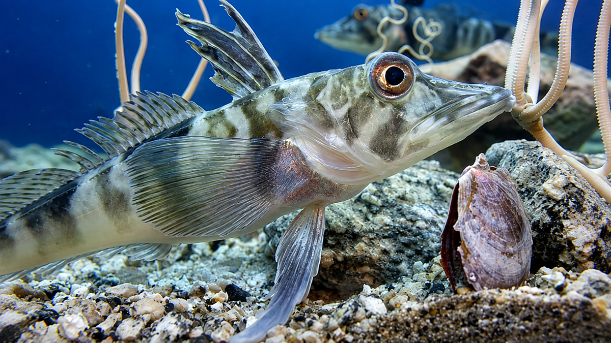A close-up underwater view of a striped fish near rocks, coral, and a shell on the ocean floor, with another fish visible in the background.
