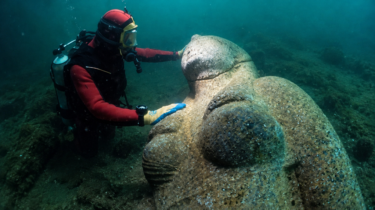 A scuba diver touches a large stone statue submerged on the seafloor.