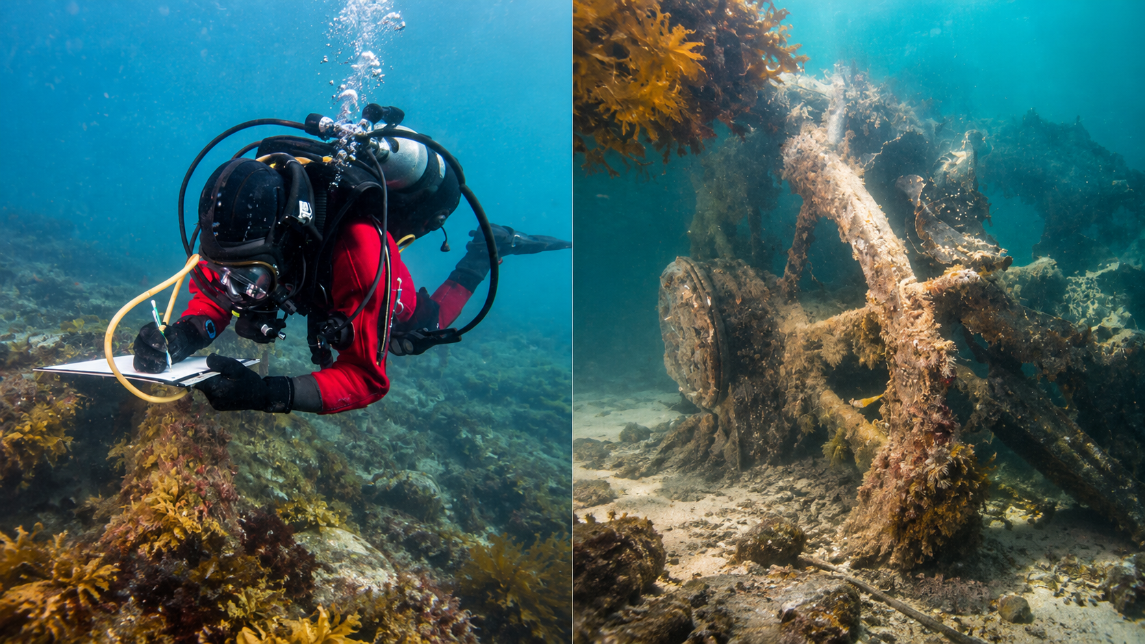 A scuba diver in a red drysuit takes notes on a clipboard underwater next to a submerged shipwreck.