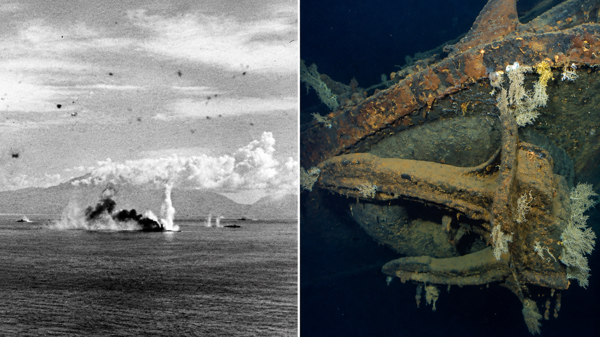 A split image showing a black-and-white photo of a ship being struck by an explosion at sea next to a color photo of a rusted ship anchor covered in marine growth on the ocean floor.