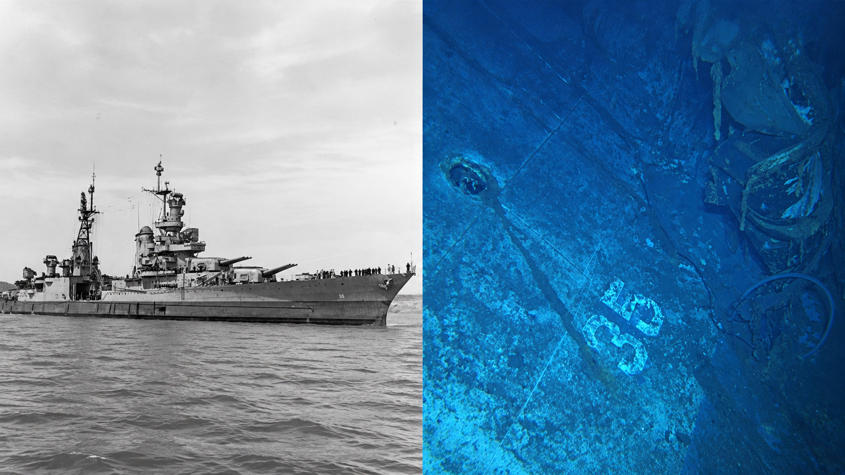 Split image showing the USS Indianapolis (CA-35) at sea and its wreckage underwater featuring the number 35 on the hull.